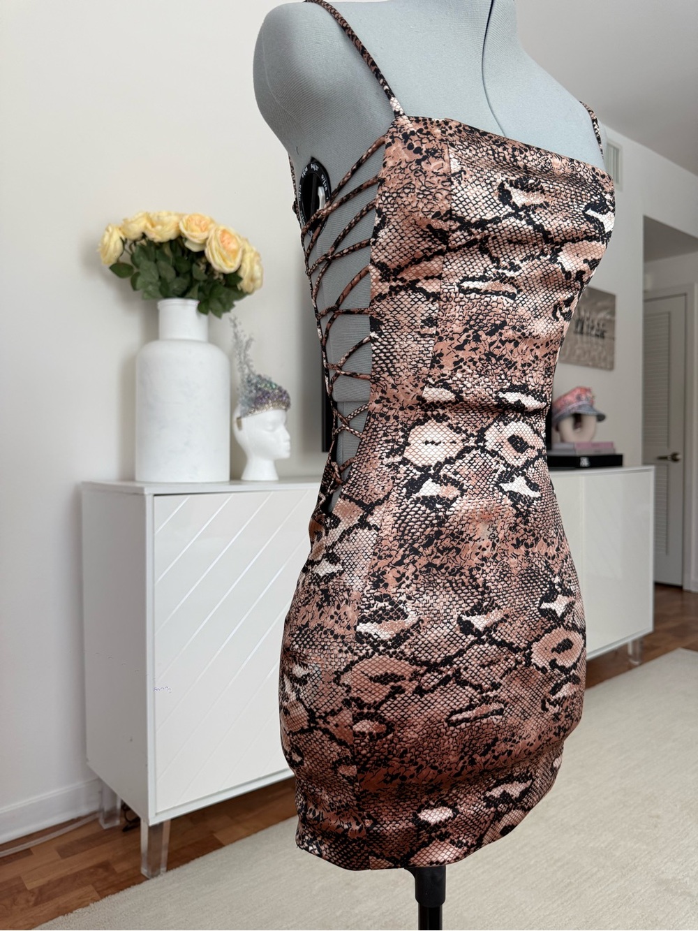 Snake Print Spaghetti Strap Dress - Brown